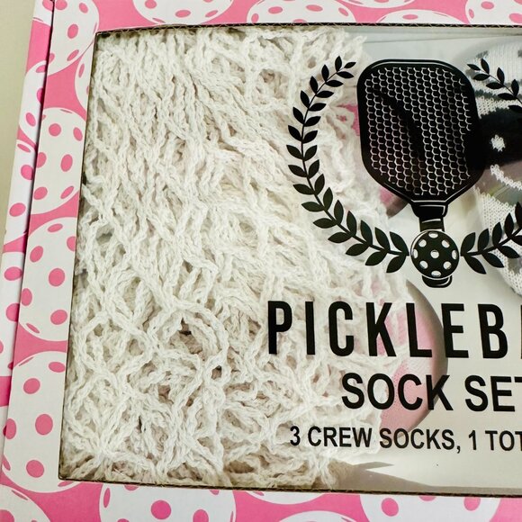 PICKLEBALL 3 PAIRS CREW SOCKS SIZE 9-11 AND 1 TOTE BAG GIFT SET WHITE PINK BLACK - Picture 3 of 6